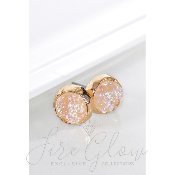 Gold Tone Earrings - Iridescent Opal Drusy / Druzy - Picture 5 of 7